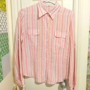 Linen Alain Figaret pastel stripe button down dress shirt size 38 women